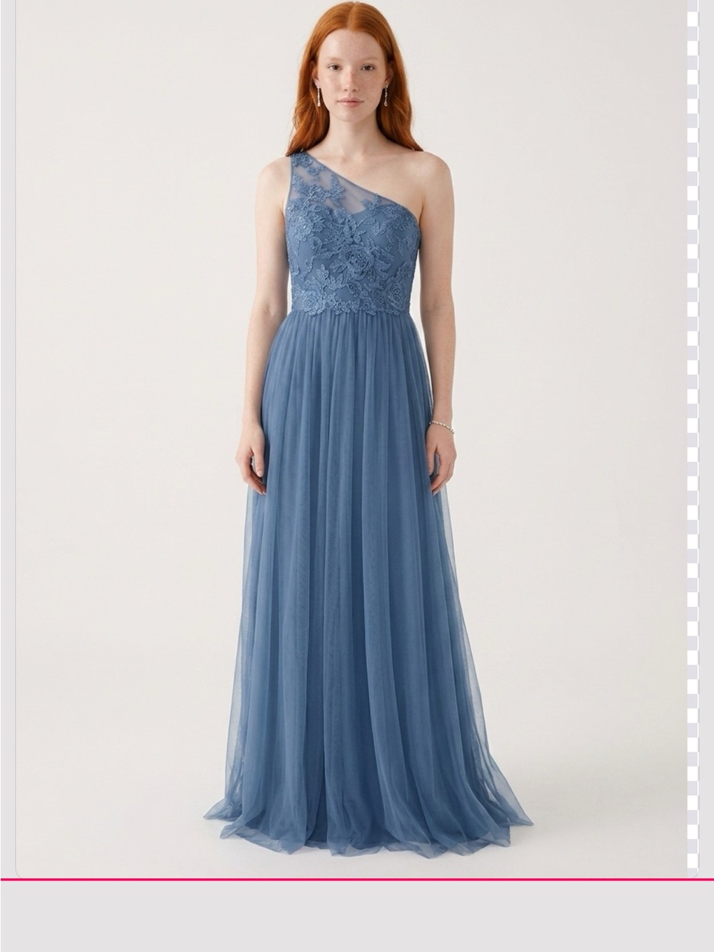 David's Bridal One-Shoulder Dusty Blue Lace & Tulle Gown